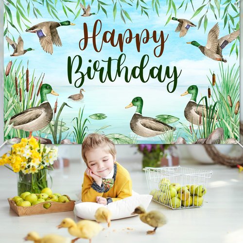 Avezano Mallard Duck Birthday Banner Mallard Duck Theme Happy Birthday Party Decorations Duck Hunting Birthday Party Supplies Party Decor Banner 70.8 x 43.3 Inch