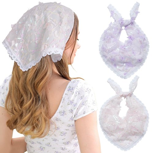 AWAYTR 2Pcs Floral Hair Bandanas Tie-back Head Kerchief for Women Flower Mesh Hair Scarves Lightweight Triangular Head Scarf (Champagne Pink/purple)