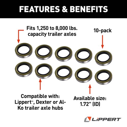 Lippert Replacement Double Lip Grease Seal for 1,250 to 8,000-lb. RV Trailer Axles, 1.72" Inner Diameter, 10-Pack - 122087