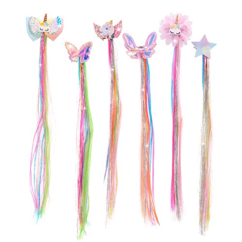 6 Set Hair Extensions Clip - Colored Straight Hair Extensions Clips, Cute Unicorn Accessories Hair Extensions for Kids Ponytails Girls, Rainbow Thick Wig Clip in Fake Bangs (Straight Hair 02)