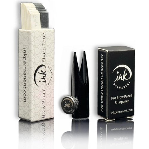 Ink Permanent Metal Eyebrow Pencil Shaper Mapping Brow Pencil Sharpener | Shaping Tool for Waterproof Peel-Off Brow Pencils with 10 Razors Duckbill Makeup Pencil Sharpener Eyebrow Mapping Kit (Black)