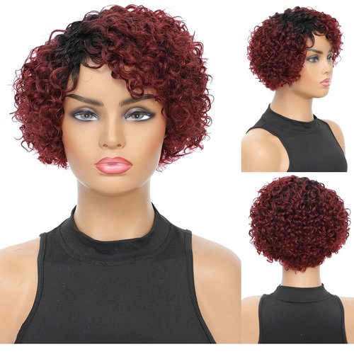 ISHINE Curly Red Human Hair Wigs, 8 inch Short Bob Pixie Cut Brazilian Human Hair Wig, Burgundy Red With Dark Roots Afro Kinky None Lace Front Wigs for Women, Deep Wave Side Part Wig with Wig Cap