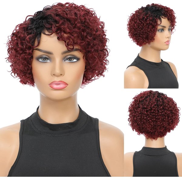ISHINE Curly Red Human Hair Wigs, 8 inch Short Bob Pixie Cut Brazilian Human Hair Wig, Burgundy Red With Dark Roots Afro Kinky None Lace Front Wigs for Women, Deep Wave Side Part Wig with Wig Cap