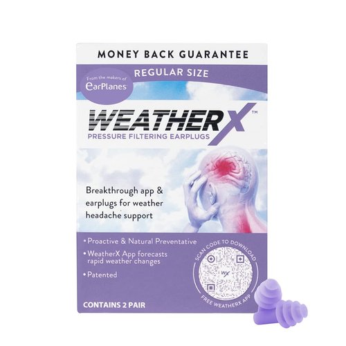 WeatherX, Pressure Filtering Earplug for Shifts in Barometric Weather Pressure, Download Free Alert app (Regular 2 Pk)
