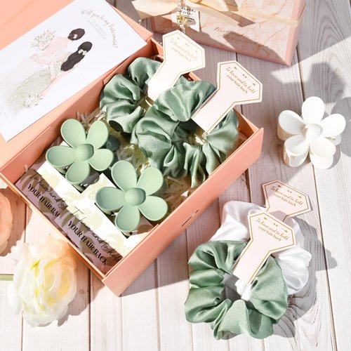 DEEKA 16 Pcs Bridesmaid Proposal Gifts Set Flower Hair Claw Clips with Floral Card & Satin Scrunchies Proposal Box Bridal Party Gift Bridesmaids Bachelorette Party Favors (White&Sage Green)