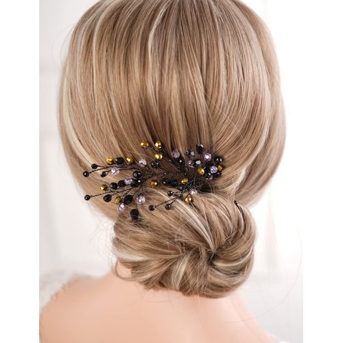 Missgrace Women Bridal Wedding Gold Red Black Side Crystal Hair Comb Special Occasion Headpiece Hair Accessories for Women (Black)