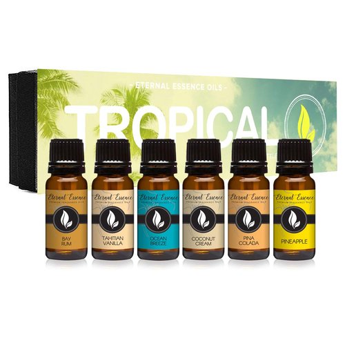 Eternal Essence Oils Tropical Set of 6 Premium Fragrance Oils - Coconut Cream, Bay Rum, Pina Colada, Tahitian Vanilla, Ocean Breeze, Pineapple Scented Oils - for Candle, Soap Making, & More - 10ML