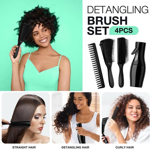 Hommtina 4pcs Detangling Brush Set Getting Shine and Makes Hair Smooth, Curly Hair Brush for Adult & Kids Wet or Dry Hair (3 PCS, Black+Black)