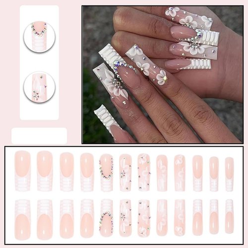 24Pcs Very Long Press on Nails Square Fake Nails Glossy Nude False Nails with 5D Rhinestones Designs White French Tip Flower Glue on Nails Full Cover Artificial Long Acrylic Nails for Women