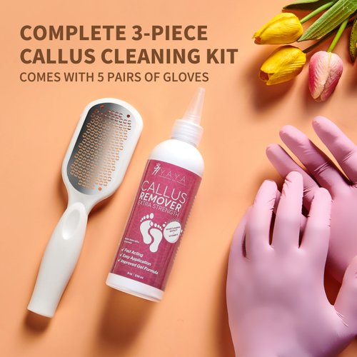 Yaya Callus Remover for Feet - Extra Strength - Vitamin E + Moisturizing Effect - Foot Scrubber File and 5 Pink Latex Gloves - Callus Remover Gel 8OZ - Foot Spa Kit