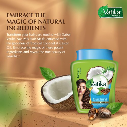 Dabur Vatika Naturals Hair Mask - Deep Conditioning Hair Mask for Dry and Damaged Hair - Natural Hair Care Solution with Intense Moisture & Rejuvenation Benefits - Tropical Coconut & Castor Oil (500g)