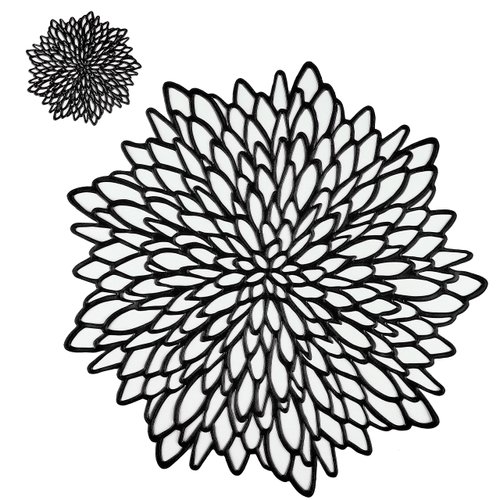 Snowkingdom Pairs of 12 Black Placemats & Coasters 24 Pcs Matching Washable Pressed Vinyl Laser Cut Dining Table Mats Round Floral Charger Decoration for Christmas Halloween Thanksgiving Wedding