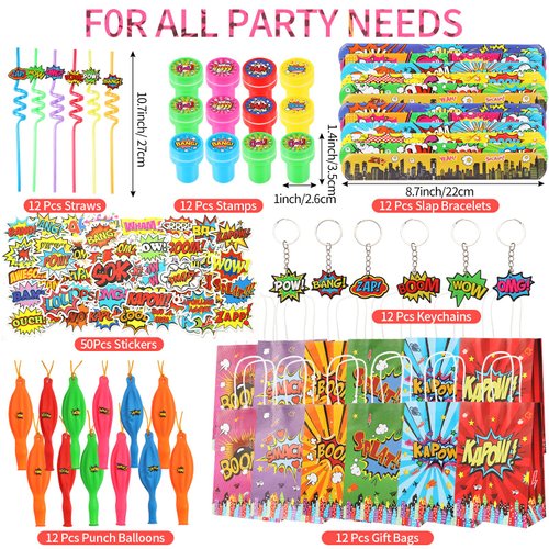 LiYiQ 122 Pcs Hero Party Favors with Hero Punch Balloons Reusable Drinking Straws Hero Slap Bracelets Keychains Stamps Stickers and Gift Bags for Kids Hero Birthday Party Supplies (Style 1)