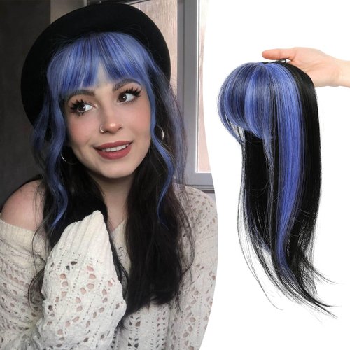 MORICHY Clip in Bangs Hair Clip 360 Fake Bangs Colored Hair Extensions Halloween Costumes Woman Accessory For Halloween/Anime Cosplay/Mardi Gras/Theme Party/Dating/Daily Half Blue Half Black Bangs