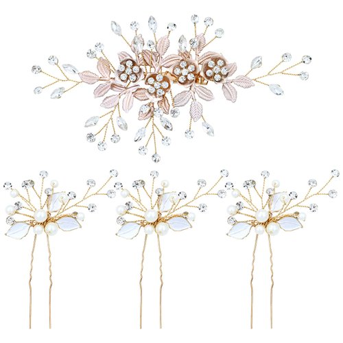 inSowni 4 Pieces Gold Metal Rhinestone Flower Wedding Bridal Hair Clip Barrette+U-shaped Pearl Leaf Hair Pins Accessories Headpieces for Women Girls Brides Bridesmaids