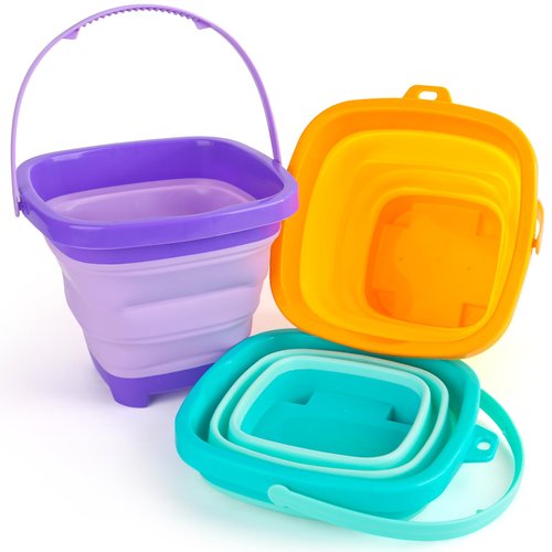 Shindel 3PCS Foldable Buckets, Colorful Foldable Beach Bucket Collapsible Sand Bucket Water Bucket for Beach Fun Summer Vacation, Sand Toys for Toddlers, Travel Beach Toys