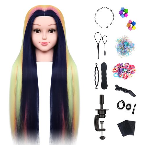Mannequin Head with Hair, Cosmetology Maniquin Training Head Dolls for Synthetic Fiber Long Hair Styling Practice Head with Clamp Holder and Tools
