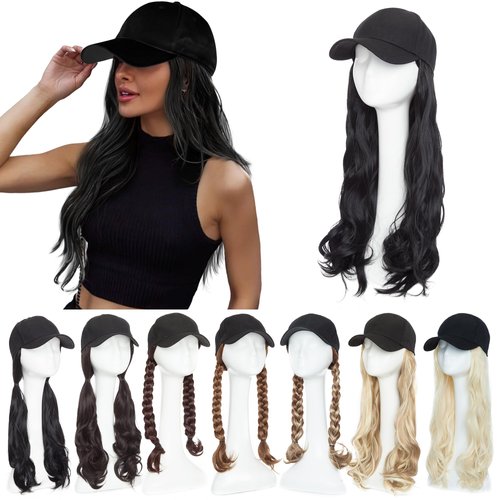 SEGO Baseball Cap with Hair Extensions for Women Adjustable Hat with Hair Attached Synthetic Long Wavy Wig with Black Hat Stylable for Pigtail Ponytail 16 Inch -Black 290g
