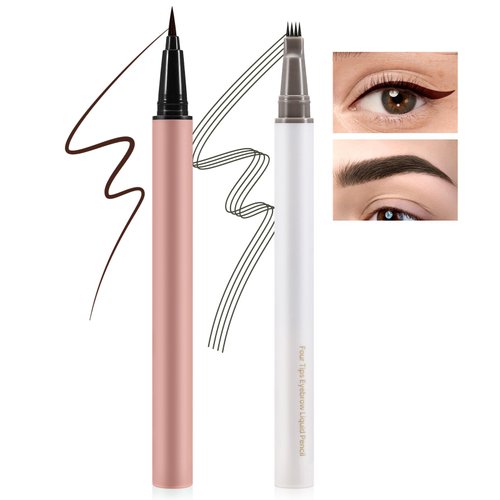 AFGHOUZ Liquid Eyebrow & Eyeliner Pencil Set, Waterproof Eye Liner Pen and Eyebrow Filler with 4 Fork Tip Applicator, for Natural Smooth Eye Makeup