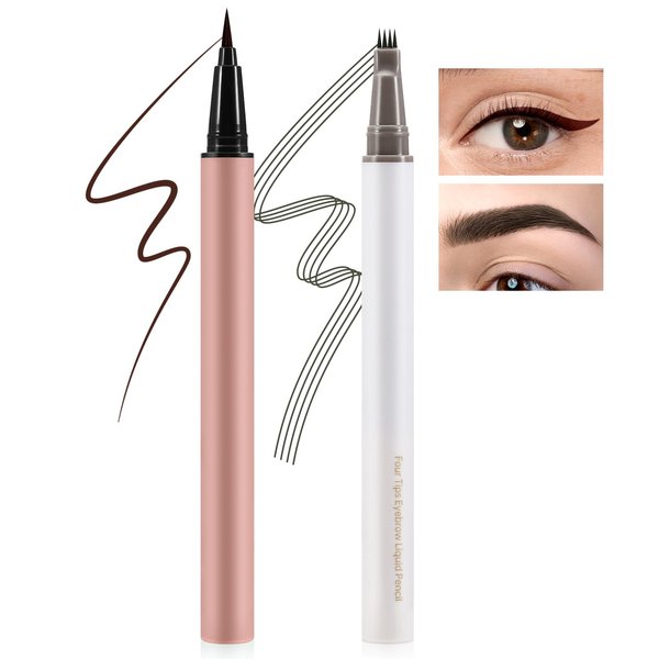 AFGHOUZ Liquid Eyebrow & Eyeliner Pencil Set, Waterproof Eye Liner Pen and Eyebrow Filler with 4 Fork Tip Applicator, for Natural Smooth Eye Makeup