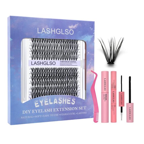 Lash Extension Kit DIY Lash Clusters Eyelash Extension Kit 9-16mm Individual 280pcs Lashes Kit with Lash Bond and Seal Lash Tweezers for Self Use (30D&40D, 0.07D, 9-16mm, Kit) (purple)