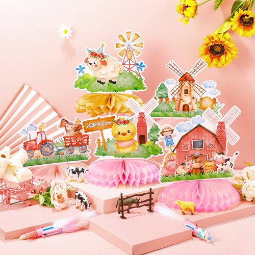 Amylove 10 Pcs Pink Farm Animals Party Supplies Girl Pink Barnyard Birthday Party Decorations Farm Animal Honeycomb Centerpiece for Table Birthday Baby Shower Party Decorations