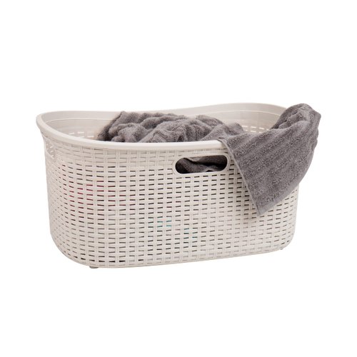 Mind Reader 40L Laundry Basket, Clothes Hamper, Lid, Wicker Design, Plastic, 23"L x 14.25"W x 11"H, Ivory