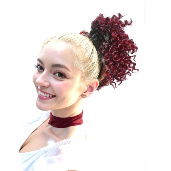LEEWIN Ombre color Afro Puff Drawstring Ponytail Hair bun Synthetic Short Afro Kinkys Curly Afro Bun Extension Hairpieces Updo Hair Extensions with Two Clips (1B/Burg)