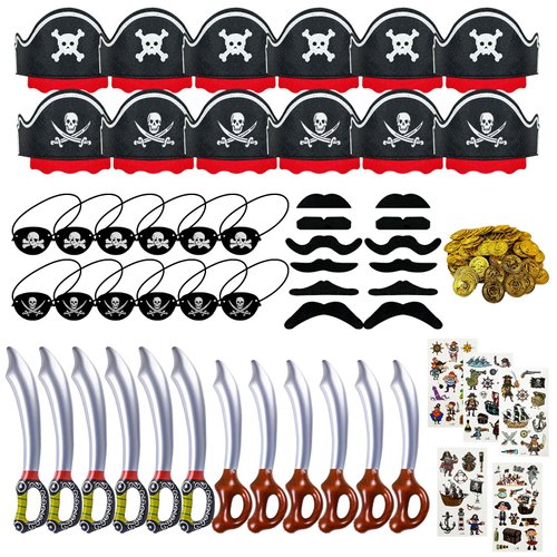 Fun Pirate Party Supplies Set - 153-Piece Fun Pack for Kids: Pirate Birthday, Adventure & Souvenir - Includes 12 Hats, 12 Eye Patches, 12 Swords, 12 Beards, 12 moustaches，100 Gold Coins & 5 Stickers