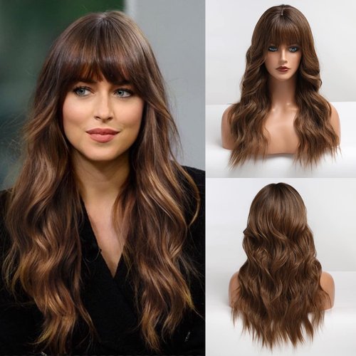 HAIRCUBE Brown Wigs with Bangs Synthetic Wigs Curly Hair Long Natural Wave Heat Resistant Hair Wigs for Women for Daily Party 20Inches