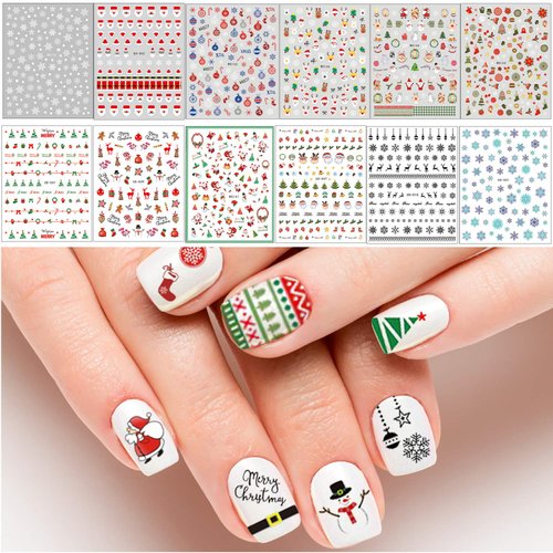 Adurself 1000+ Patterns Christmas Nail Art Decals Xmas 3D Nail Self-Adhesive Stickers Santa Claus Reindeer Snowflakes Snowmen Christmas bells for Women Girls Kids DIY Nail Design Manicure