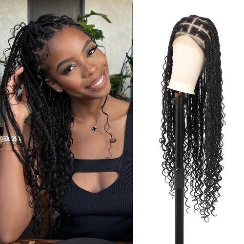 Olymei 360° HD Full Lace Braided Wigs Boho Braided Wig Knotless Braided Wig for Women Box Braid Wig with Boho Curly End Braided Lace Front Wigs with Baby Hair Human Hair Blended 36" Black