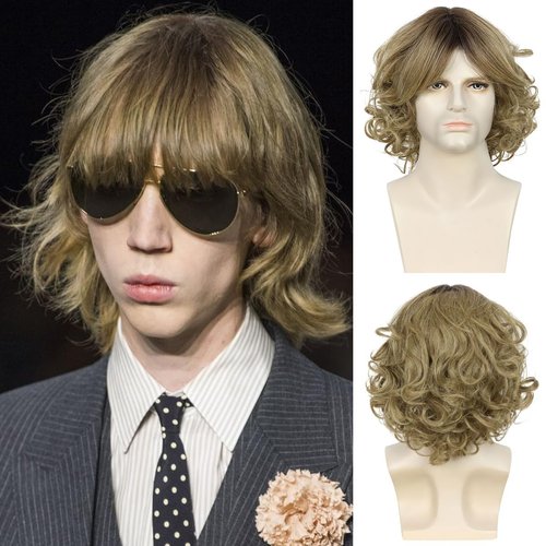 BECUS Mens Wigs Medium Hair Hair Long Blonde Wigs for Men Natural Curly Short Men Wig Realistic for Daily Use Cosplay Retro Rockstar Party(Blonde)