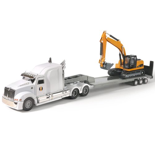 Diecast Semi Truck & Excavator Toy Model Metal Flatbed Truck w/Excavator Tractor Metal Construction Vehicle Models Toys for Kids