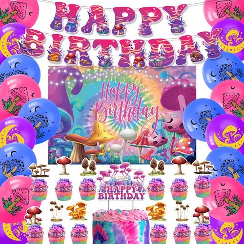 Mushroom Birthday Party Decorations Mushroom Party Supplies Includes Mushroom Happy Birthday Backdrop, Banner, Cake Topper, Cupcake Toppers, Balloons for Baby Shower Birthday Decorations