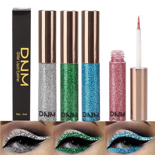 HAOYA 3 Colors Glitter Sparkle Sparkly Sparkling Eyeliner Liquid Makeup Set delineadores de colores, Liquid Glitter Eyeliner Colorful Set, Silver Light Green Sky Blue Shimmer 3Pcs/set (03,07,08#)
