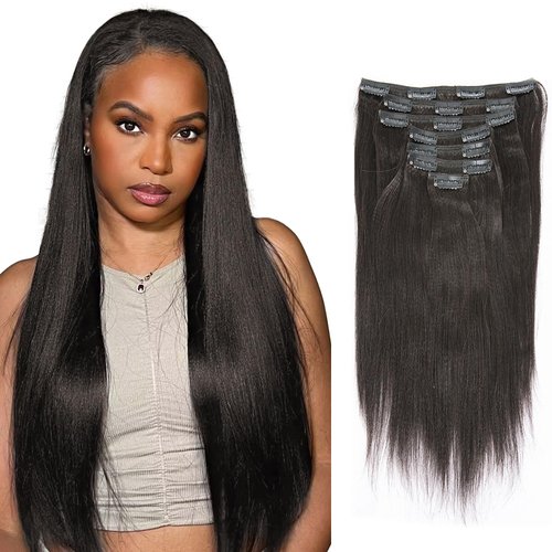 Lacer Light Yaki Clip in Hair Extensions, 16 inch Remy Human Hair Natural Black Thick Yaki Straight Clip ins for African American Woman Relaxed Hair 7 Pieces 120 Gram Per Set