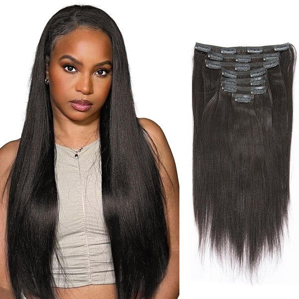 Lacer Light Yaki Clip in Hair Extensions, 16 inch Remy Human Hair Natural Black Thick Yaki Straight Clip ins for African American Woman Relaxed Hair 7 Pieces 120 Gram Per Set