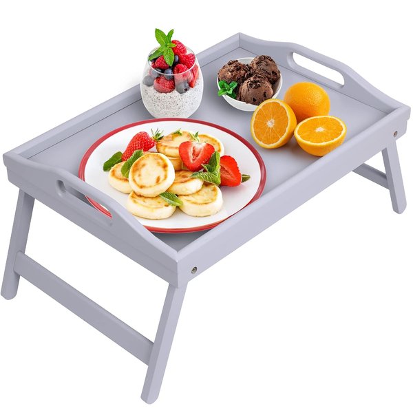 Bed Tray Table Folding Legs Breakfast Food Tray Bamboo Portable Lap Desk Wooden Serving Dinner Tea TV Tray(Grey)