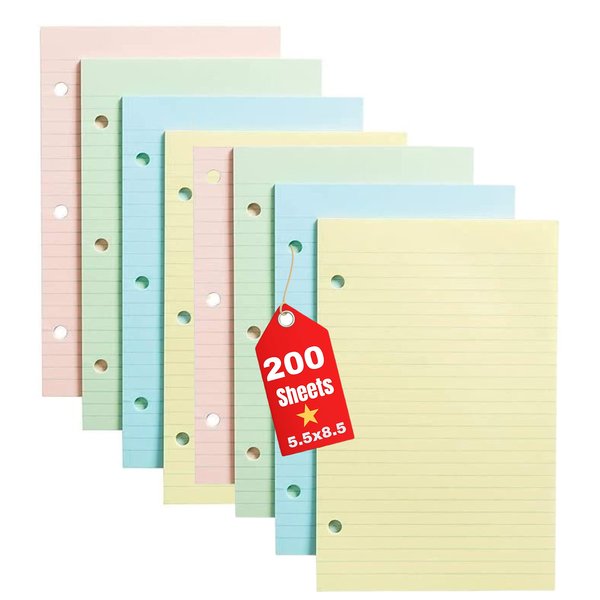 1InTheOffice 5.5 x 8.5 Paper, Pastel, College Ruled Mini Binder Paper, Loose Leaf Paper, Assorted Color, 200 Pack