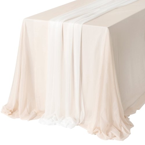 Ling's Moment Sheer Chiffon Like Nude Table Cloth & Table Runner Set for 4ft Rectangle Table Decor Tablecloth in Nude & White for Wedding Reception Head/Sweetheart Table