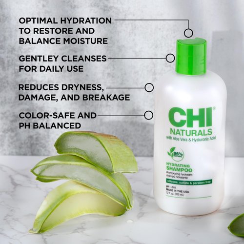 CHI Naturals with Aloe Vera Hydrating Shampoo, Helps Reduces Dryness, Damage & Breakage & Increase Shine, Sulfate, Paraben, & Cruelty-Free, 12 Oz