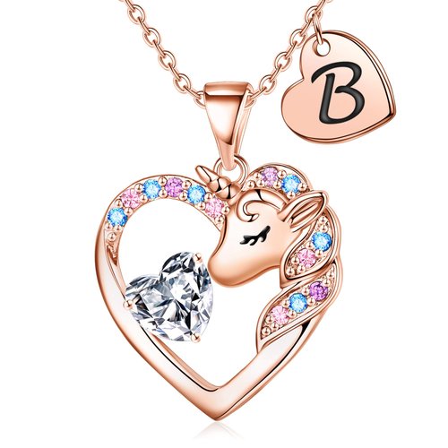IEFIRCH Unicorn Necklace for Girls, Rose Gold Necklace B Jewelry for Girls | Heart Necklace | Unicorn B Necklaces for Girls | Unicorns Gifts for Girls | Birthday Easter Gifts for Girls