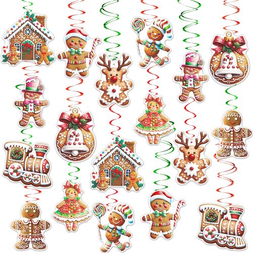 AUGSUN 46 Pcs Christmas Hanging Swirls Decorations, Xmas Holiday Gingerbread Man Swirls Ceiling D...