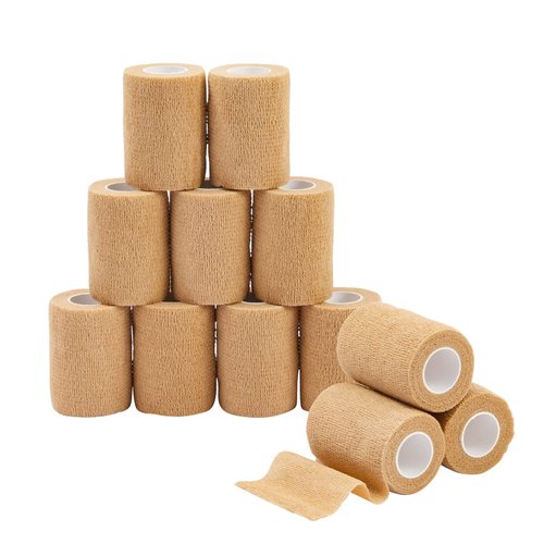 Juvale 12-Rolls Self Adhesive Bandage Wrap, Vet Tape - 3 in x 5 Yds Breathable, Elastic Cohesive Wrap Tape for Wrist, Swelling, Sports, Tattoo (Tan)