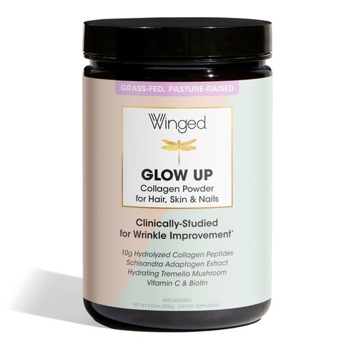 Winged Glow Up Collagen Powder | Better Hair, Skin, Nails for Women | Grass Fed Collagen Peptides w/Adaptogen Schisandra, Snow Mushroom, Vitamin C & Biotin | Unflavored (25 Servings), NON GMO