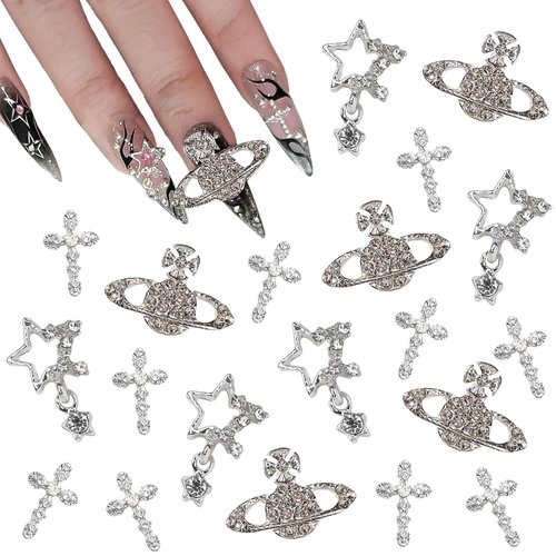 KACHIMOO 20PCS Cross Nail Charms 3D Silver Star Nail Charms Planet Nail Art Charms Shiny Starlight Nail Jewelry Gems Y2K Nail Charms for Women Girl Acrylic Nails Decoration