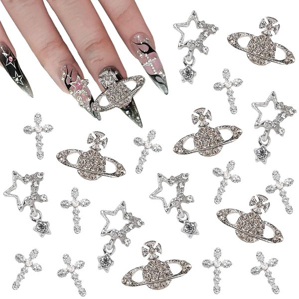 KACHIMOO 20PCS Cross Nail Charms 3D Silver Star Nail Charms Planet Nail Art Charms Shiny Starlight Nail Jewelry Gems Y2K Nail Charms for Women Girl Acrylic Nails Decoration