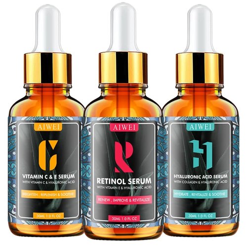 Aiwei Face Serum Set - Includes Vitamin C Serum, Retinol Serum & Hyaluronic Acid Serum - Improve Skin Texture, Glow & Hydration - Day and Night Serums for All Skin Types