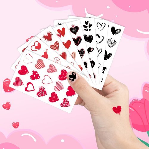 120 Patterns Valentines Heart Tattoos, 8 Sheets Red Black Love Hearts Valentine's Day Temporary Tattoos Decal Stickers for Kids Girls Boys Women Face Body Accessories